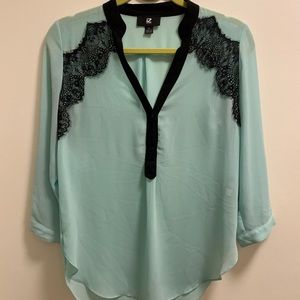 Tiffany blue blouse w/ black lace & trim